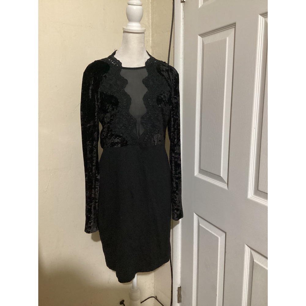 French Connection Black Velvet Lace Sheer Illusion Long Sleeve Dress Size 12
